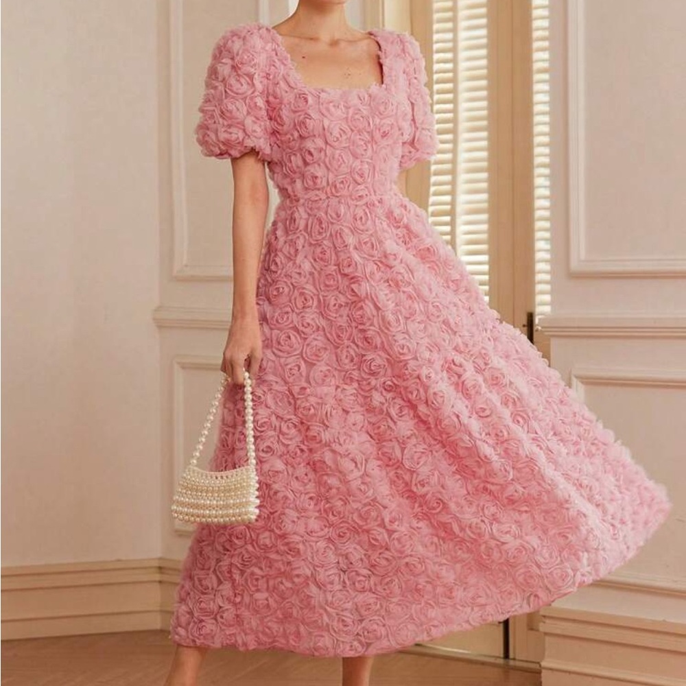 SHEIN Pink Rosette Midi Dress